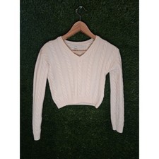 GUESS Women  s Cable Knit V-Neck Sweater Cream Ivory Size XS Pullover Soft