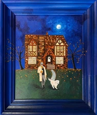 Original Oil Painting, 21x25 inches, Dog Walker, Blue, Night, Moon, Winter, Dog
