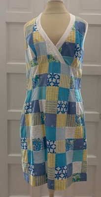 NEW Lilly Pulitzer Marlon Halter Dress Sewn Patch Patchwork Blue Yellow Size 14