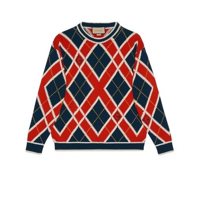 Authentic Men's Gucci Red Blue Cotton G Rhombus Argyle Sweater 752068 New $3200