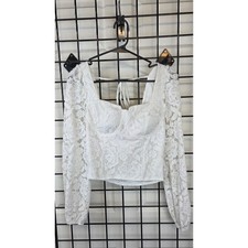 Size 4 White Floral Lace Bustier Crop Top Long Sleeve Corset Cream Boho Festival