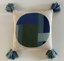Vintage MCM Scandinavian Needlepoint Square Wool Pillow Modern Circle Design