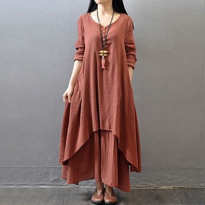 Loose-fitting long-sleeve cotton-linen dress 2XL for women