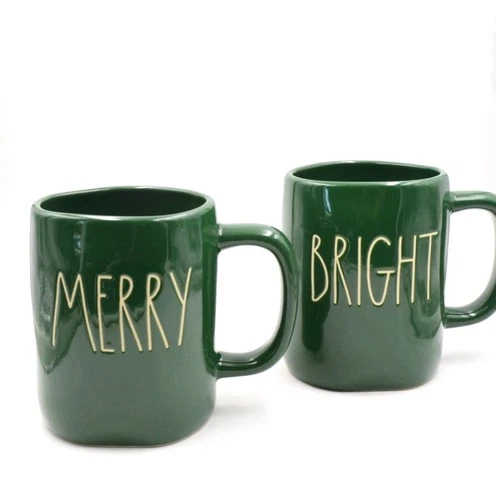 Rae Dunn MERRY & BRIGHT Green Mug Set – 16 oz New Hot Cocoa Tea Holiday Coffee