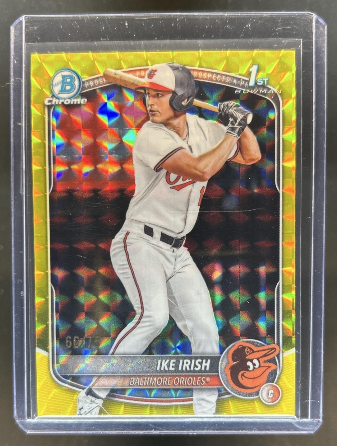 2025 Bowman Draft Ike Irish Chrome Yellow Geometric Refractor 1st #/75 Orioles