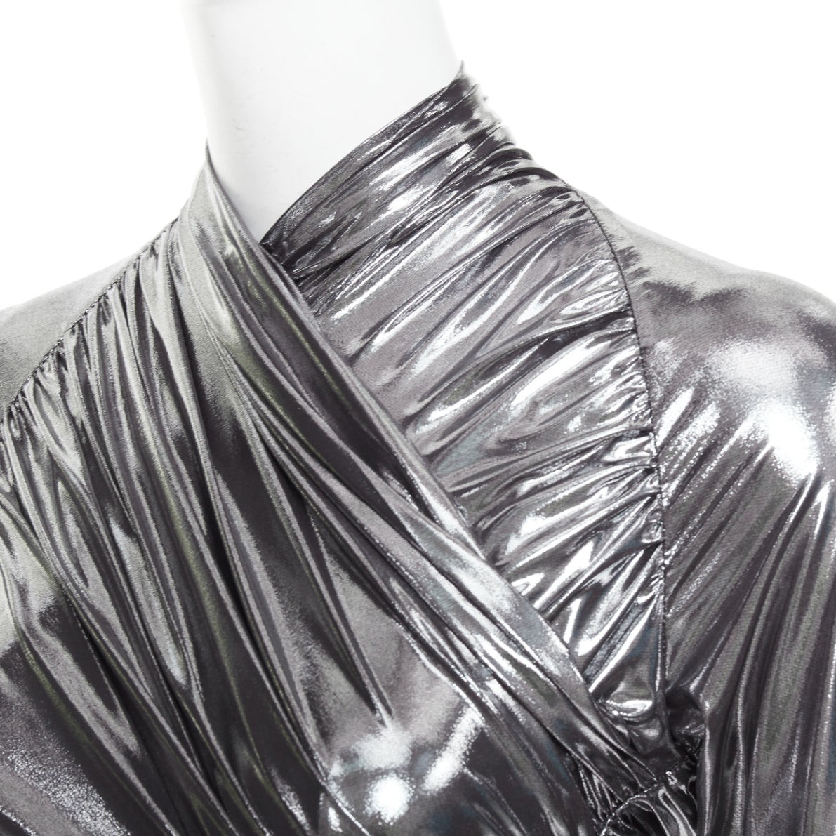 ferragamo silver dress FERRAGAMO Maximilian Davis 2023 Runway metallic silver lame wrapped dress  IT40 S
