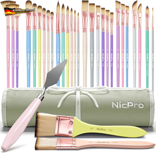 Nicpro 30 StüCk Pinselset Acrylfarben, Professionelle Malpinsel& Aquarellpinsel-image
