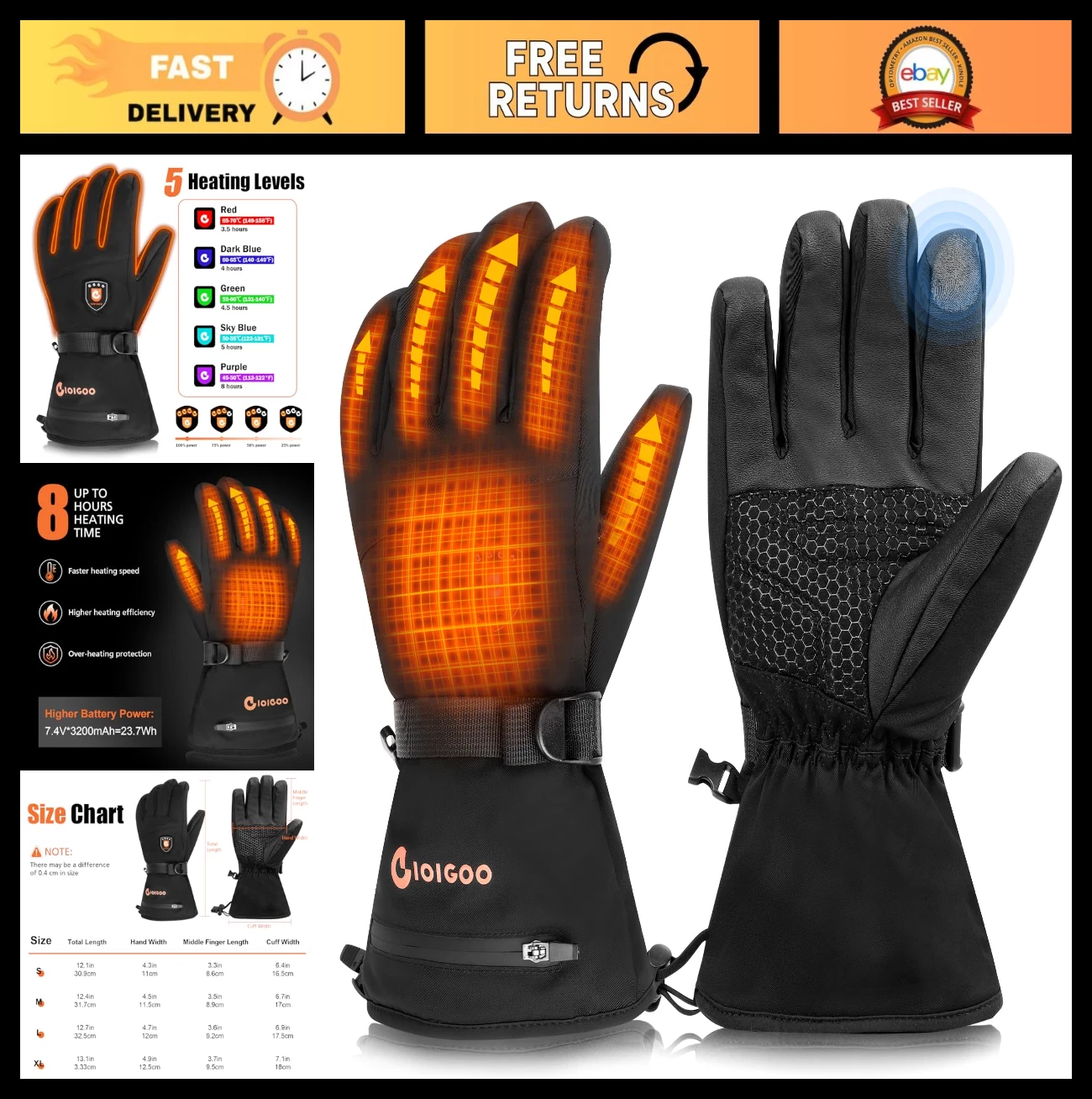 Rechargeable Heated Gloves 7.4V 3200mAh for Men & Women - Warm Snow Ski Hiking