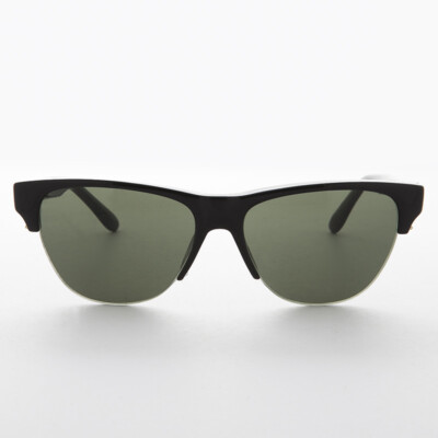 Black Semi-Rimless Mono Browline Vintage Sunglass with Green Lens - Garett