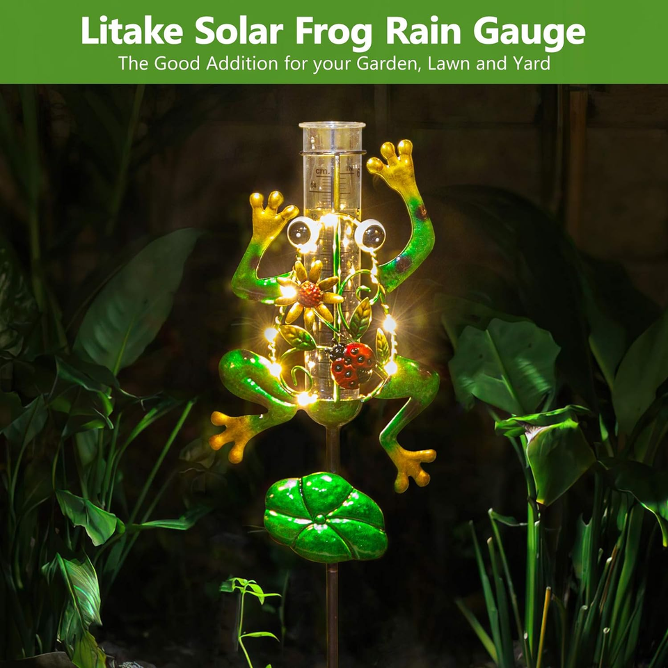 Frog Rain Gauge Outdoor Decorative Metal Solar Rain Gauges Stake for