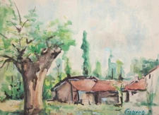 Vintage Impressionist watercolor painting landscape signed