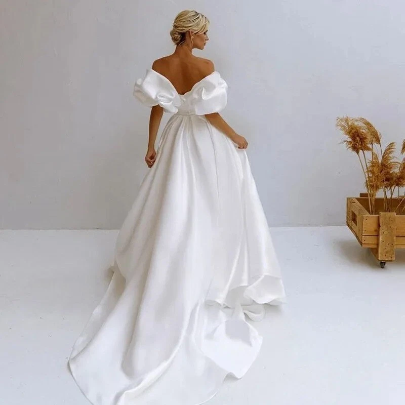 Пузырьковый рукав след шикарный свадебное платье невесты белый атлас открытый газон свадьбы - Изображение 4 из 4