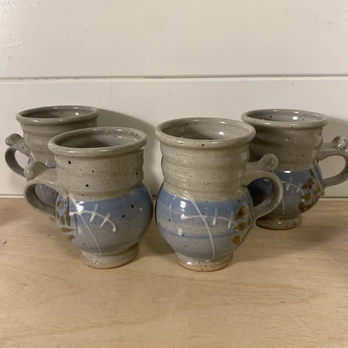 4 Beautiful Handmade Pottery Coffee Cups  Signed Blue Brown White Tan E.C.
