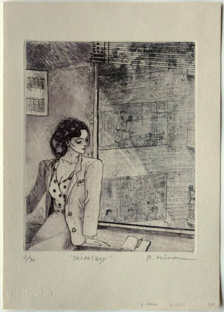 Japanese Modern Limited Edition Etching Print by Ryoko Hirone Titled Secretary