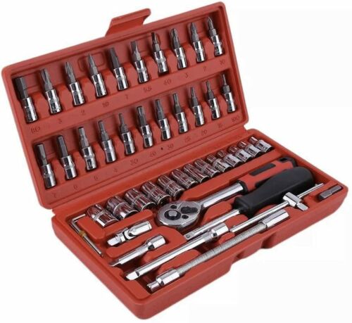 46PCS Socket Spanner Tool Kit Ratchet Wrench Set METRIC/SAE 1/4" Drive w/Case