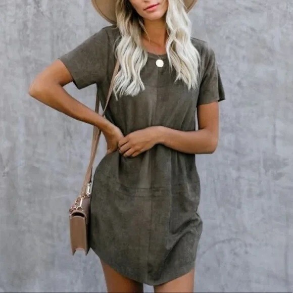 OLIVACEOUS Faux Suede Kimmie Shift Pullover Mini Tunic Dress Women's L