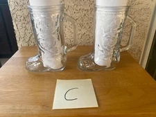 2 Vintage Libbey Cowboy Boot Clear Embossed Glass Beer Mugs 6" Tall 12 oz Lot C
