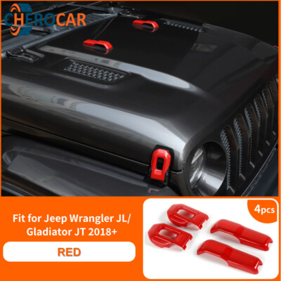 Red Hood Latch Lock Catch Brackets & Engine Hood Hinge Cover Kit FOR JL JT 2018+