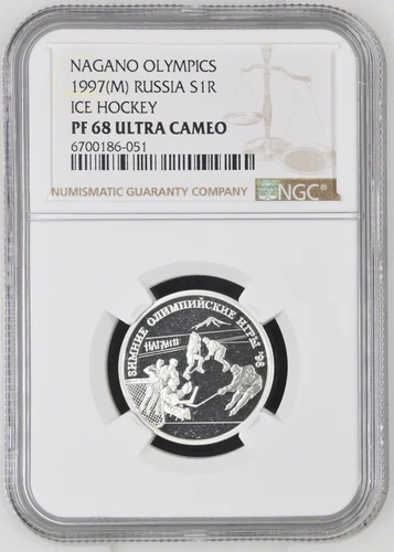 1997 RUSSIA 1 Rouble, Silver -Hockey, Moscow, Nagano - NGC PF68 UC