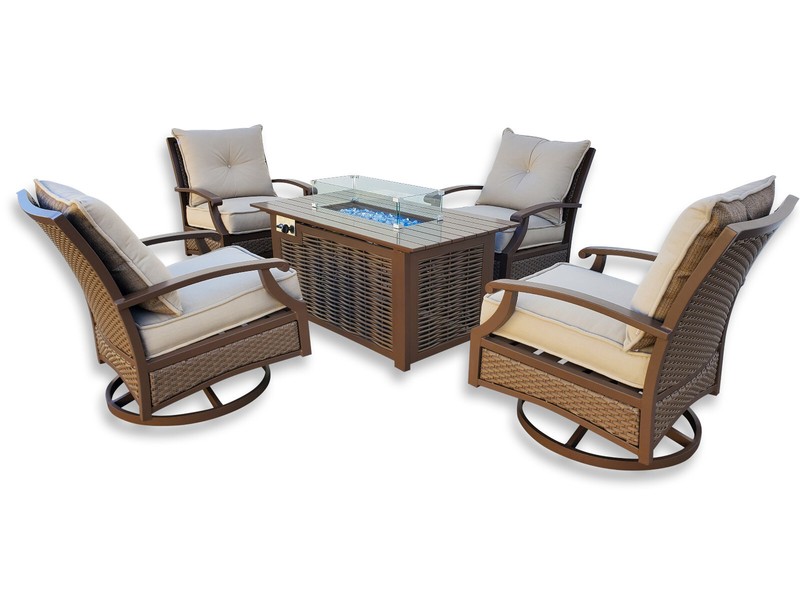 5 Piece Outdoor Patio Garden Furniture Conversation Set + Gas Fire Pit SUNBRELLA