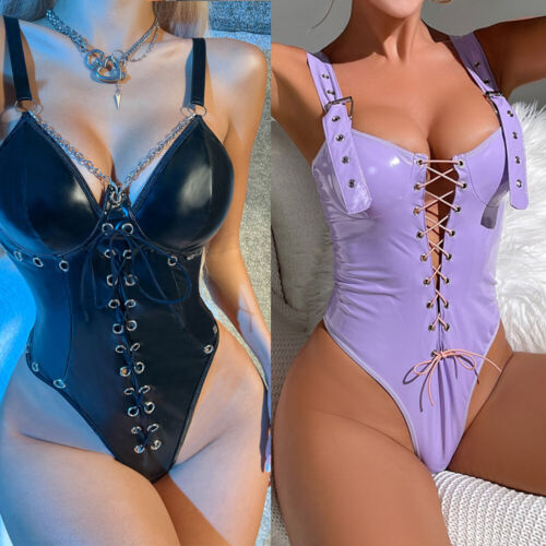Hot Women PU Leather Bodysuit Sexy Lingerie Deep V Neck Babydoll Dress Clubwear