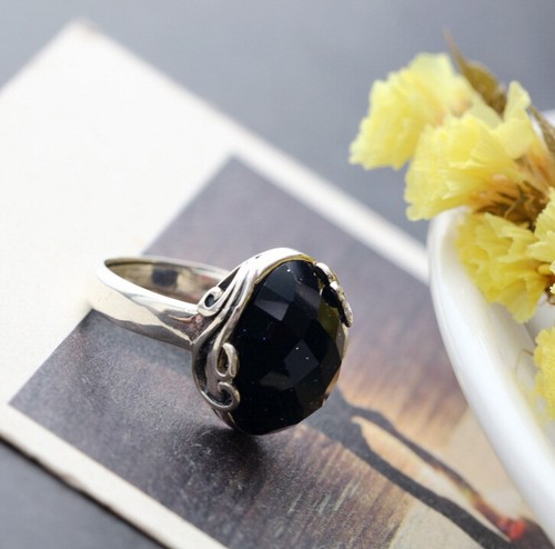 B06 Anello Avventurina Blu Laterale Fiore Argento Sterling 925 Misura Regolabile - Foto 4 di 5