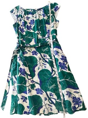 LANDS  END Green&Blue Botanical Print Linen A-Line Dress Lined Zip Up Back (12)