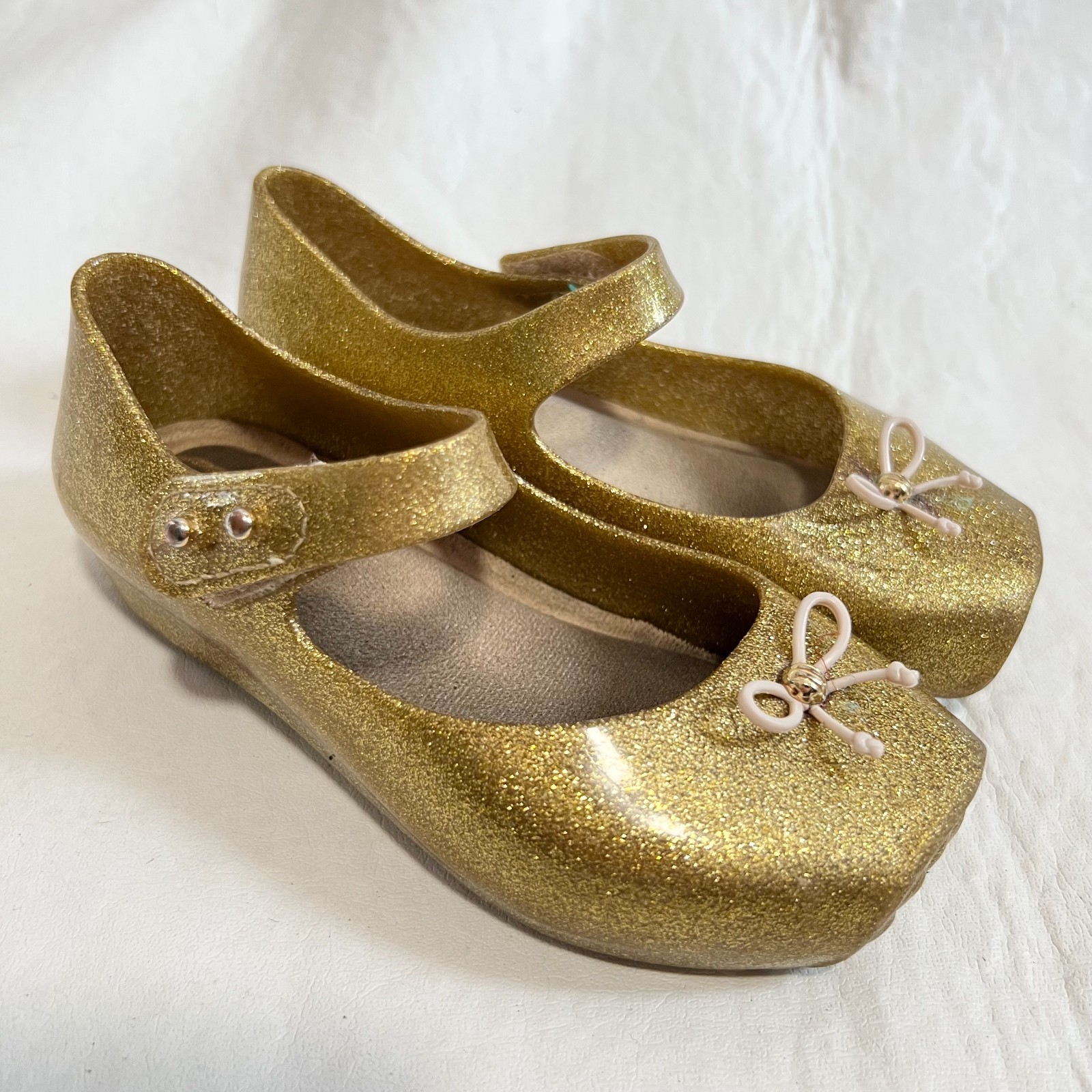 Gold Glitter Mary Jane Square Toe Baby Size 9 Flats Bow