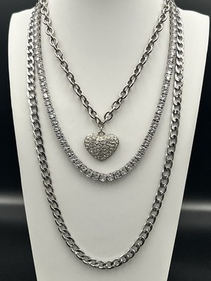 Silver-Tone Layered Necklace Set|Bundle of 3 - Pave Heart Tennis Chain