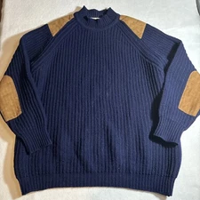 The Hawick Knitwear Sweater Men’s XL Blue 100% Wool Made In Scotland Elbow Patch