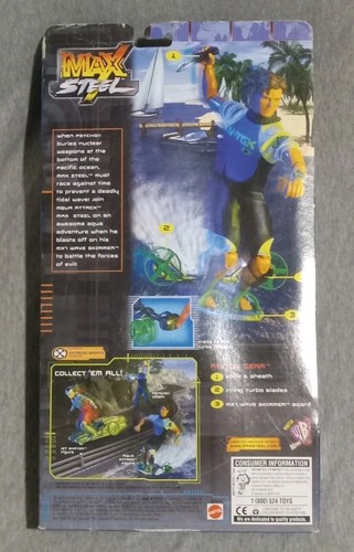 Seltene 2001 Mattel Max Steel Aqua Attack Figur mit Skimmer Board in Box versiegelt - Bild 2 von 10