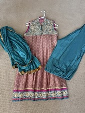 Indian Pink, Teal and Gold Lined Punjabi Salwaar Kameez with Chuni, S