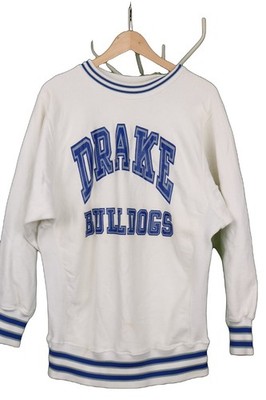 Drake Bulldogs Sweatshirt weiß blau Varsity Rundhalsausschnitt schwere Baumwolle Medium 38-40 in