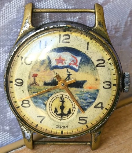 Vintage WATCH navy Mens Handmad Painting ship Landscape sea USSR СССР Soviet zim - Picture 1 of 21