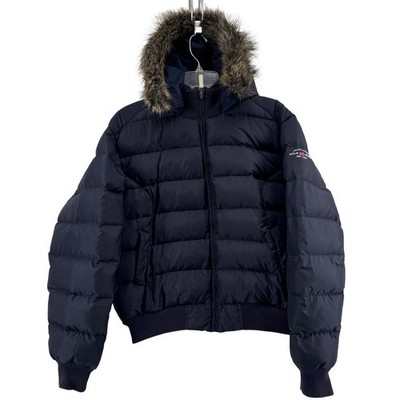 Polo Jeans Co Ralph Lauren Puffer Jacket Womens XL Navy Blue Down Faux Fur Hood