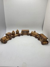 Vintage Wooden Toy Train Set Handcrafted Striped Wood Pull Toy 5 Cars