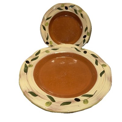 Le Petit Cafe Dinner & Salad Plate Brown Green Olives 12  And  7 7/8'' Lot of 2