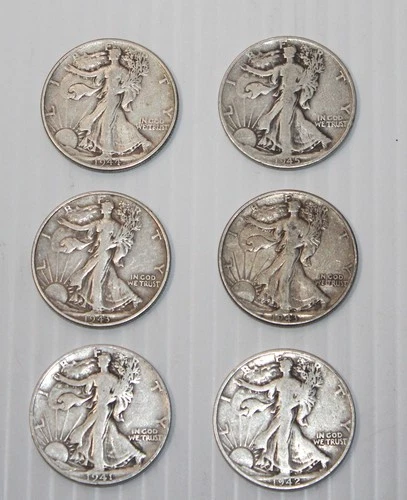 Vtg Lot of 6 Walking Liberty Half Dollars 90% Silver 50C 1941 - 1945