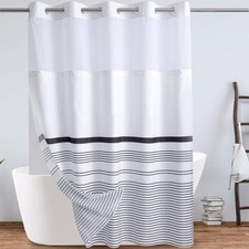 Black and White Boho Shower Curtain - Striped Hotel Fabric With Snap-in Liner fo