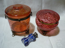 Antique Bohemian Red Cramberry Glass Round Footed Set of Two Boxes Collection