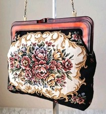 Vintage 1950s Tapestry Clutch w/ Bakelite Handle Chained Cottagecore Evening Bag
