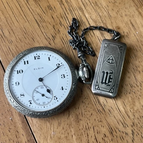 Antique Ornate Elgin Pocket Watch Open Face W/Sterling Sliver Chain
