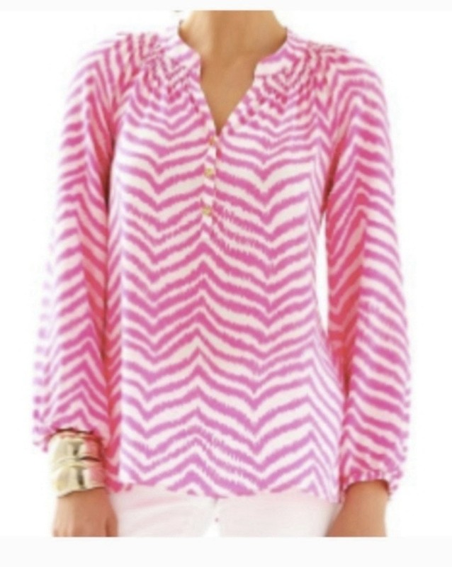 Lilly Pulitzer Pink White Chevron Silk Blouse Long Sleeve S PTP 18 1/2” 