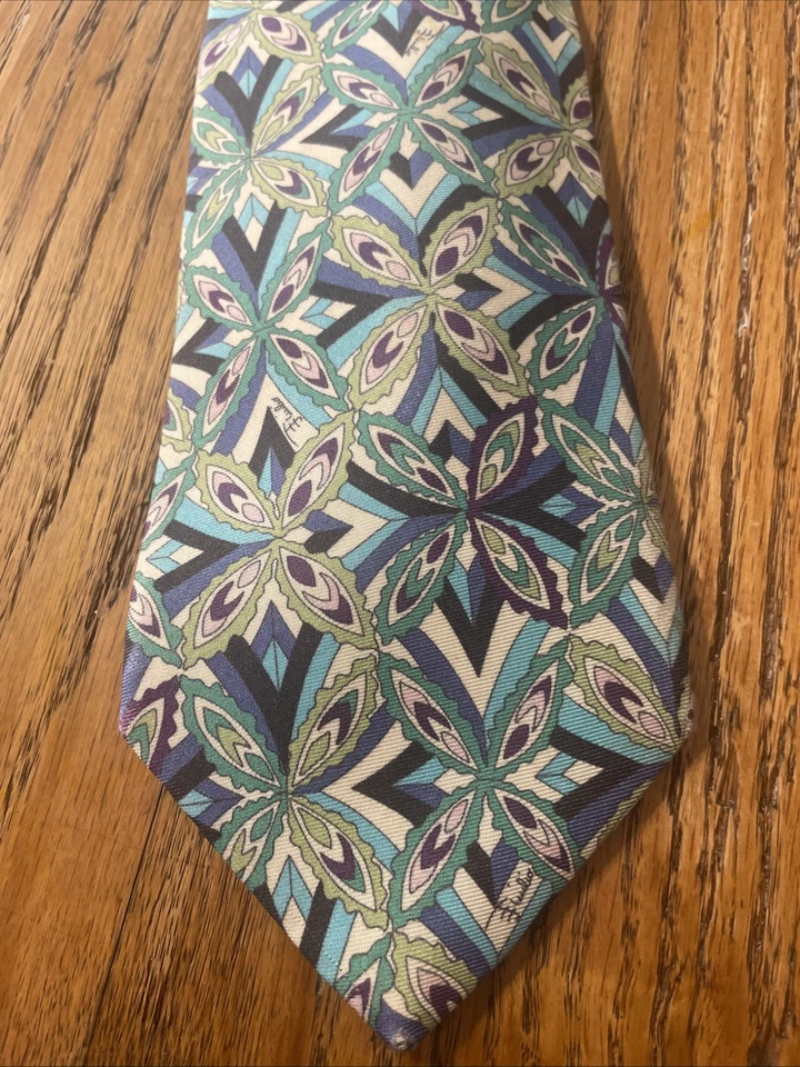EUC Emilio Pucci 几何精细丝绸领带男式设计师领带意大利制造 — 第 3/4 张图片