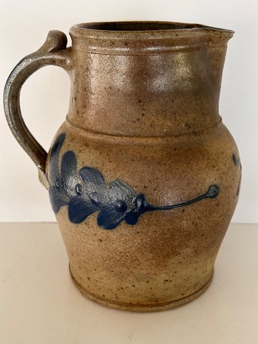 Salt Glaze Stoneware Blue Decorated Pitcher, Unknown Maker. Unmarked. No Damage