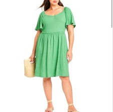 Ava Viv Green Textured A Line Flutter Sleeve Dress Plus Size 3X Pockets