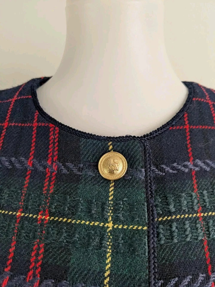 Винтажный 80-х женщин клетку шерсти смесь Blazer куртка золото кнопки классический Tartan 12P  - Изображение 4 из 4