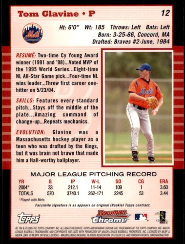 2005 Bowman Chrome #12 Tom Glavine New York Mets - Picture 2 of 2