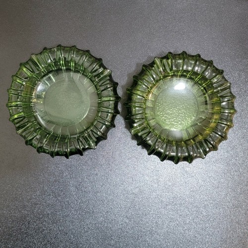 Vintage 2 Green Peridot Glass Starburst Mid Century Heavy Ashtrays 5 inch