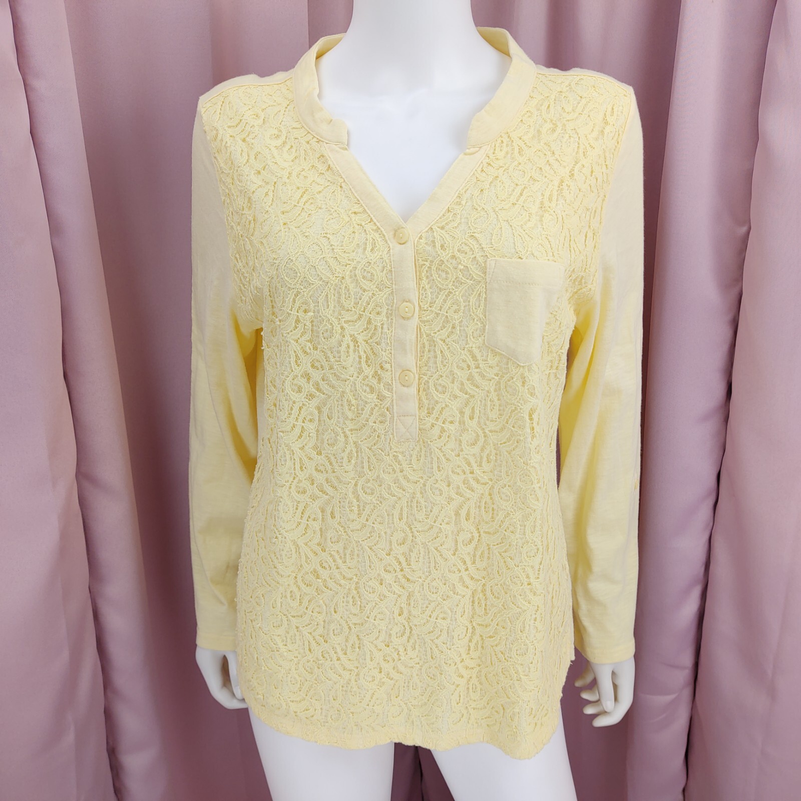 Nine West Jeans Women's Yellow Paisley Lace V-Neck Long Sleeve Shirt Top Large